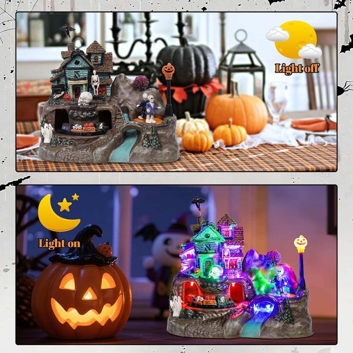 DREAM GARDEN Halloween Village Collection, Lighted Spooky Haunted House with Animated Train and Scary Sound Halloween Collectible Bulidings with Skull, Pumpkin, Ghost for Holiday Party Tabletop Decor