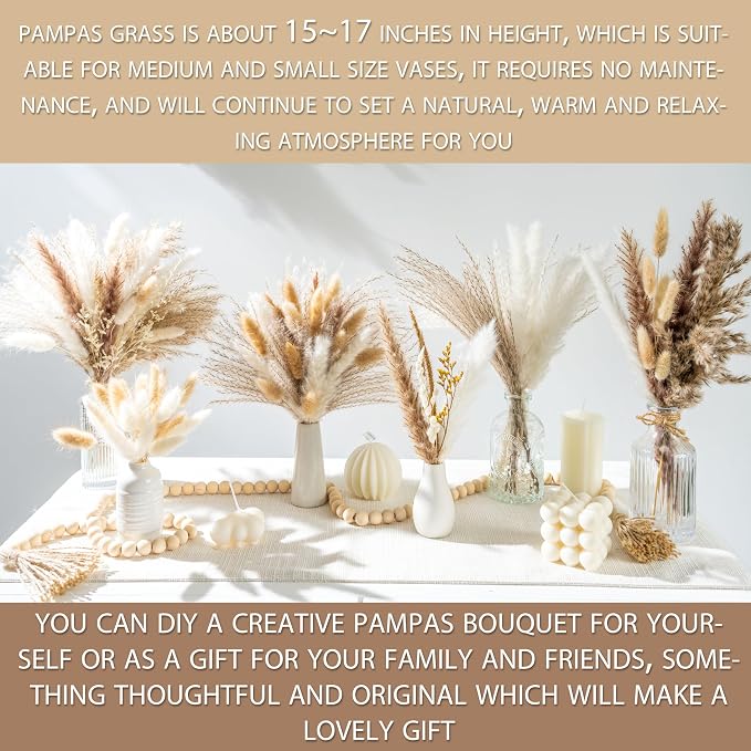 150pcs Pampas Grass + 1 White Ceramic vase + 1 Wood Bead Garland , Boho Home Decor Bouquet Phragmites Dried Flowers Bouquet for Wedding Floral Arrangements Home Decorations
