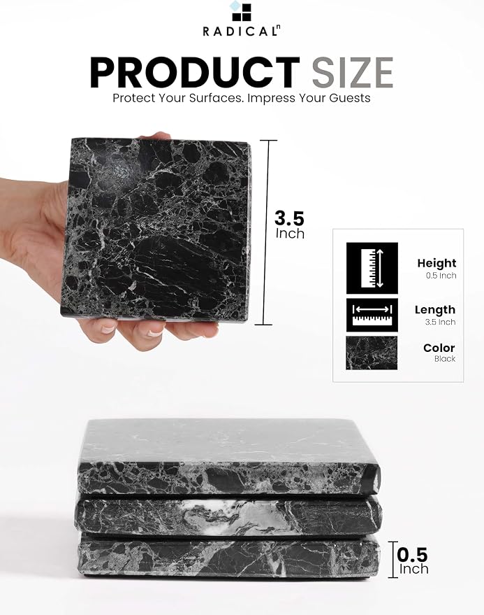 Radicaln Black Marble Coasters Set of 6 Handmade 3.5" Inch Square Coasters for Drinks, Ideal Coaster Set for Home & Kitchen Table Decor