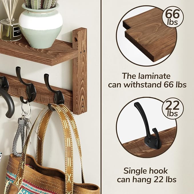 AMBIRD 34.2 inch Wooden Extra-Long Wall Hook Rack with Shelf - Versatile and Decorative Wall-Mounted Storage - 10 Hooks for Hanging Coats, Hats, Scarves - Ideal for Entryways, Bedrooms, Closets