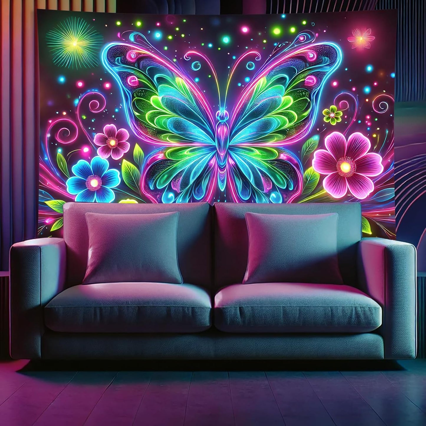 Starlit Patio Blacklight Butterfly Tapestry UV Reactive Glow in The Dark Wall Hanging Trippy Neon Floral Tapestry Poster Landscape Backdrop for Bedroom Living Room Dorm Aesthetic Decor 78 x 59 Inches