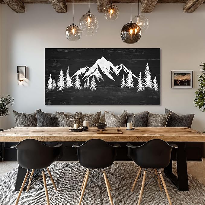 Black and White Mountain Forest Wall Art for Living Room Canvas Painting Prints Retro Wood Rustic Landscape Art Deco Vintage Nature Artwork Office Bedroom Farmhouse Dining Room Decor Extra Large