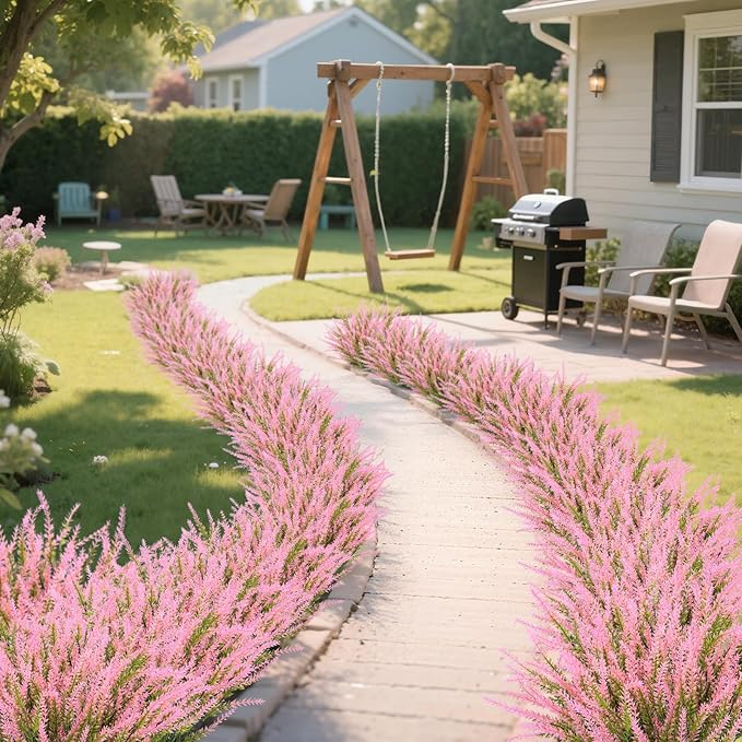 Ouddy Decor 24 Bundles Artificial Lavender Fake Flowers Faux Plastic Plants for Home Wedding Kitchen Garden Patio Window Box Office Table Centerpieces Indoor Outdoor Decor, Pink