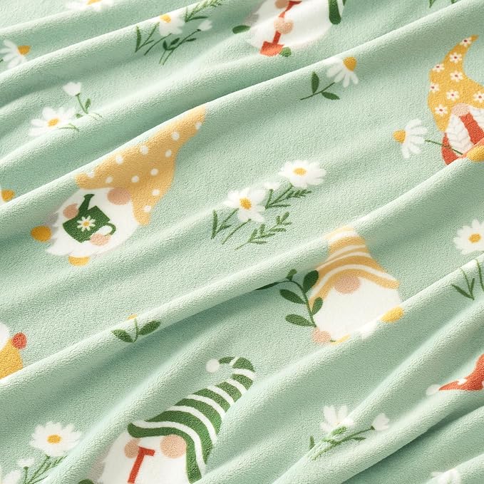 Cozy Bliss Gnome Spring Throw Blanket - Garden Daisy Floral Design, Warm MilkyPlush Throw Blankets, Ultra Soft Cozy Blankets for Couch, Sofa and Bed, Green, 50X60inches