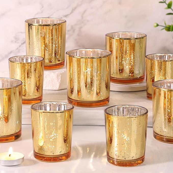 Volens 24pcs Assorted Gold Votive Candle Holders for Wedding Table Centerpieces, Large Mercury Glass Candle Holder for Votive & Tealight Candle, Gold Party Decorations for Bridal and Baby Shower