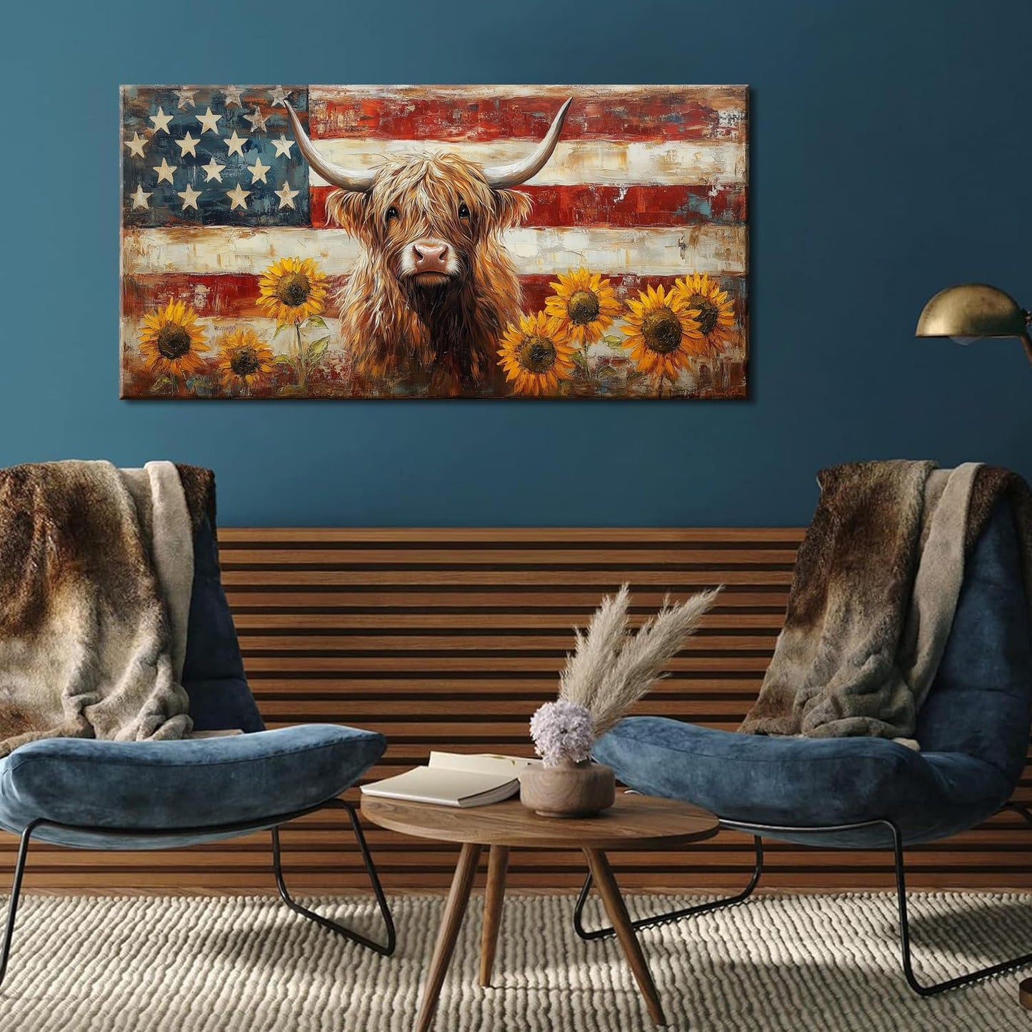 LASMOND Country Highland Cow Wall Art for Living Room Rustic Retro Vintage American Flag Sunflower Canvas Painting Prints Highland Cattle Artwork Farmhouse Bedroom Office Decor (40x20 Inches)