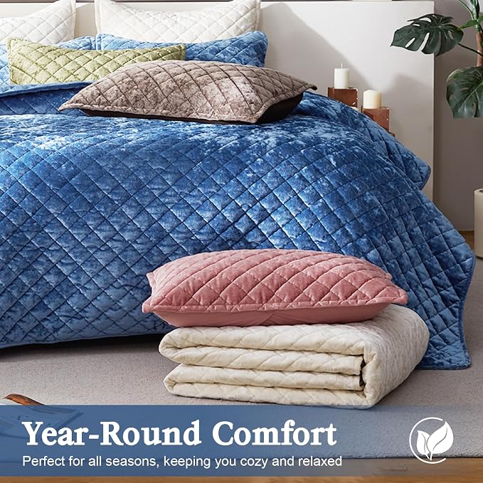 Cosybay Luxury Velvet Quilt Set Queen, Lightweight Oversized Bedspread Coverlet Quilted Box Stitch Bedding Set, with 2 Matching Pillow Shams, for All Season, Dusty Blue