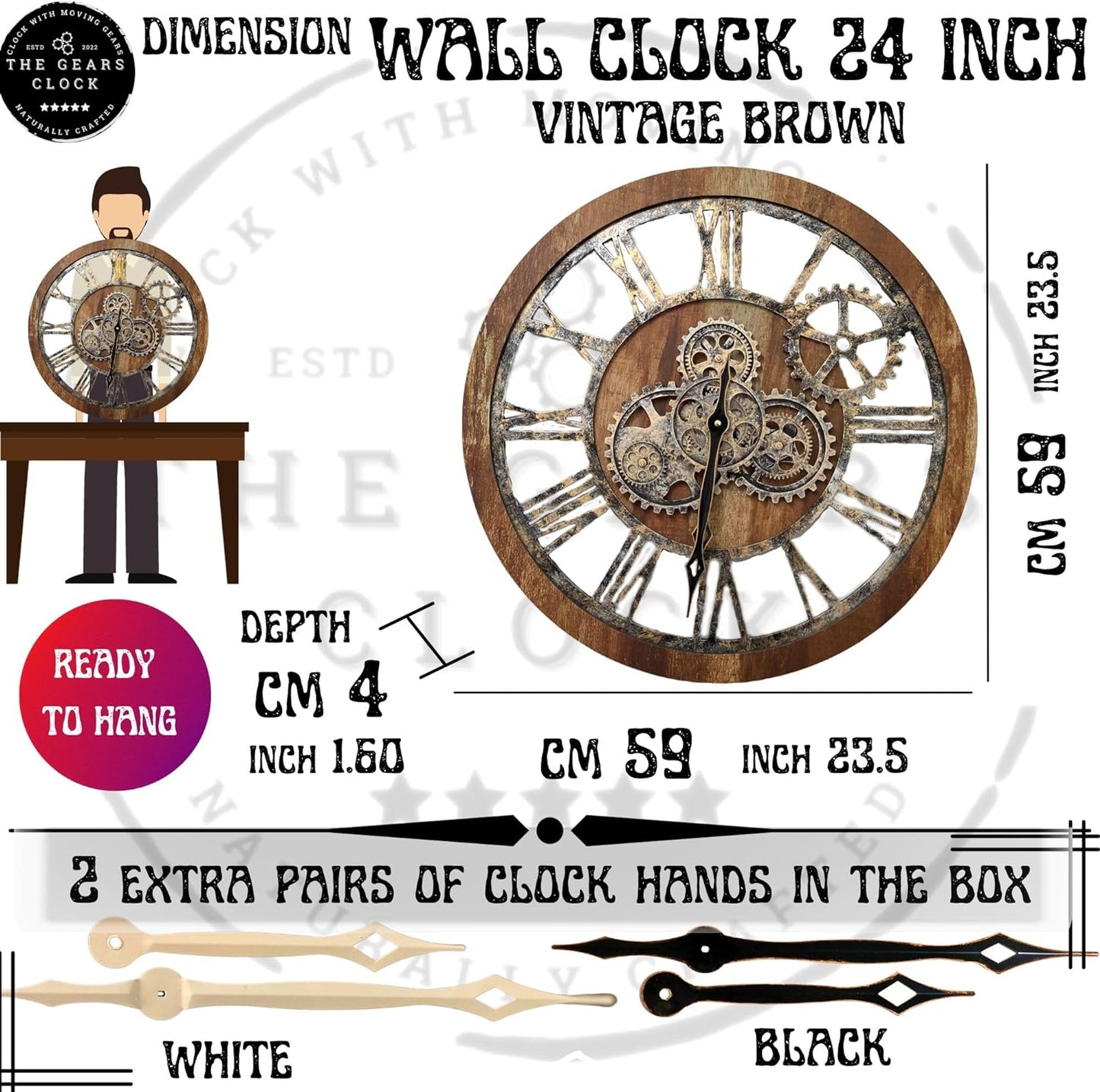 The Gears Clock The Original Real Moving Gear Wall Clock Vintage Industrial Oversized Rustic Farmhouse (24 inch (60cm), Vintage Brown)