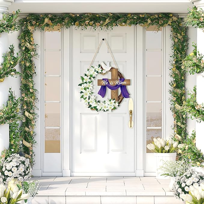 He is Risen Easter Decoration Wooden Wreaths for Front Door Sign Cross Sign Door Wall Signs, Christian Jesus Lily Flowers Ornaments Hanging Crafts for Spring Home Farmhouse Party Porch Decor