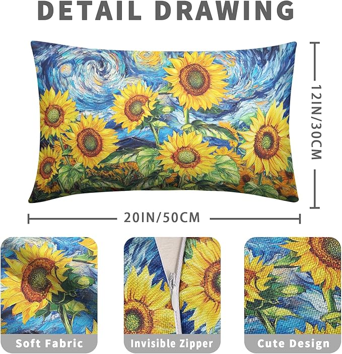 Sunflower Lumbar Pillow Covers 12x20 Set of 2 Van Gogh Starry Night Throw Pillow Covers Oil Painting Sunflowers Pillow Case Spring Summer Cotton Linen Cushion Case for Sofa Garden Patio