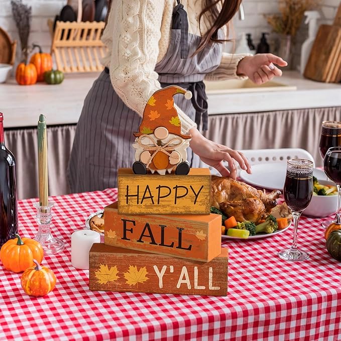 Lineshading 4 Pcs Fall Decorations for Home Wooden Gnome Block Sign Thanksgiving Tiered Tray Decor Thanksgiving Centerpiece Rustic Fall Table Decor for Autumn Harvest Party Home Kitchen Decorations