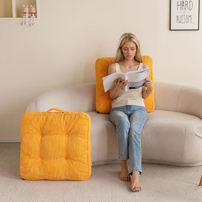 HIGOGOGO Floor Pillow Cushion for Adults, Meditation Cushion Pillow, Tufted Corduroy Cover, Large Square Floor Sitting for Tatami Living Room or Yoga, 2Pack, Orange