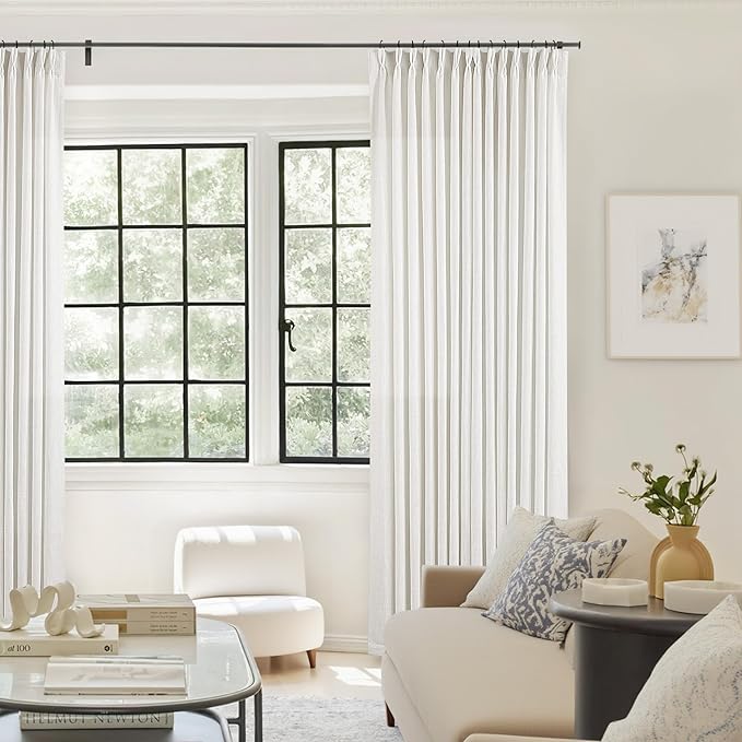 Pinch Pleated Linen Curtains 94 Inches Long for Living Room Bedroom Light Filtering Boho Window Drape 94 inch 2 Panels with Hooks Rings Cream Beige White Sliding Glass Door Semi Sheer Curtain