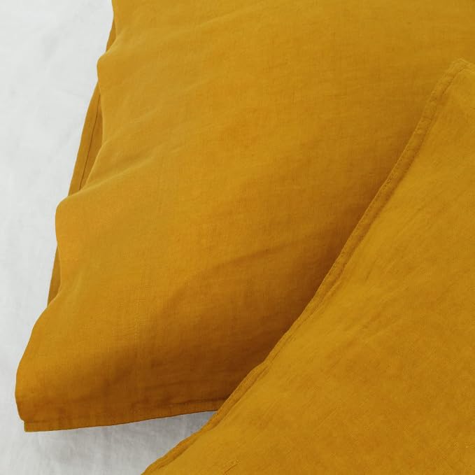 Linen World 100% French Natural Linen Pillowcase Set of 2 - Stone Washed,Moisture-Absorbing Queen Size Pillow Shams (20''x30''),Yellow