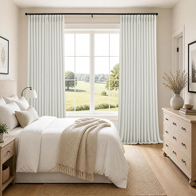 Pinch Pleated Linen Curtains 120 Inch, 2 Panels Premium 400GSM Memory Trained Semi Sheer Light Filtering Window Drapes for Living Room Bedroom Dining, Back Tab & Adjustable Hooks Rings , Natural White