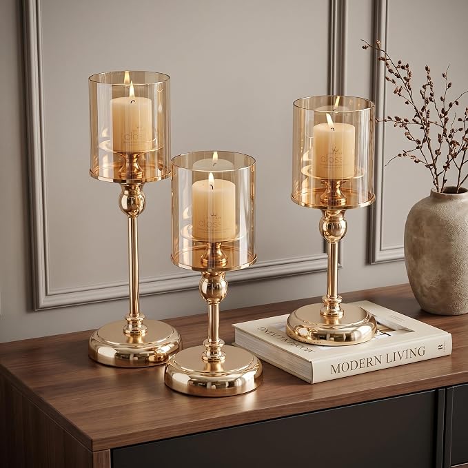 Gold Hurricane Candle Holders - Set of 6 Tall Candlestick Holders Windproof Taper Candle Holders, Metal Stand for Table Centerpiece Outdoor Indoor Wedding Party Holiday Decor