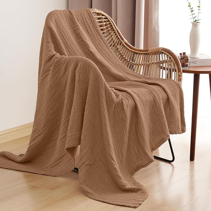 PHF 100% Cotton Muslin Blanket Twin XL Size 66"x90", 4-Layer Lightweight Gauze Throw, Breathable Cloud-Soft Minimalist Blanket for Bed, Couch, Camping & Baby, Clay, Ideal Gift