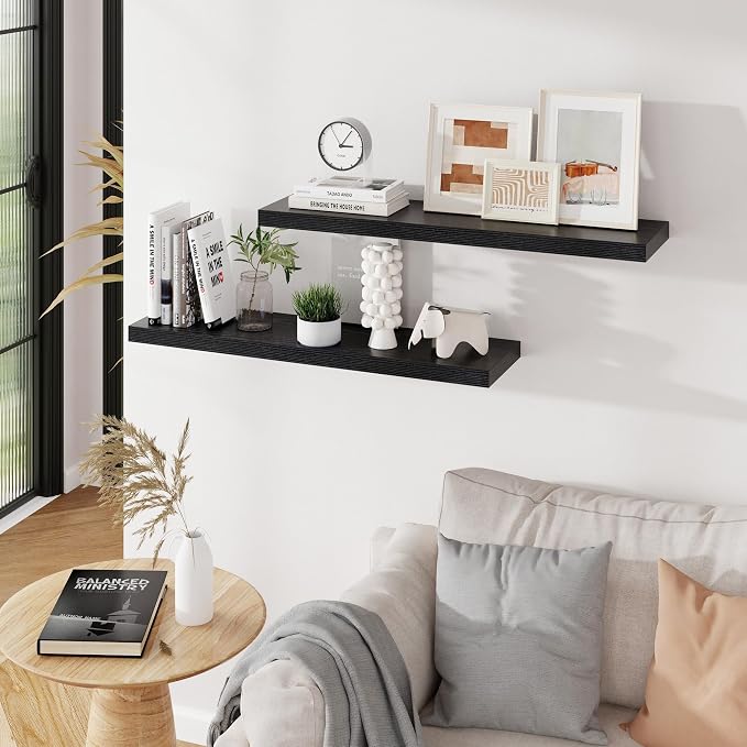 Black Floating Shelves for Wall, 36 inch Wooden Wall Mounted Shelves, 9.3in Deep Floating Book Shelves, Large Display Shelves for Bathroom Kitchen Living Room, 36"W x 9.3"D x 1.5"H, 2 Packs