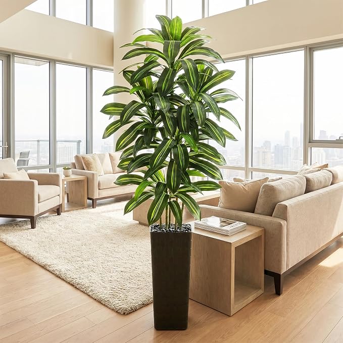 Artificial Dracaena Tree:7FT Faux Silk Tropical Yucca Floor Trees Realistic Fake Green Plant with Natural Wood Trunk & Lifelike Leaves for Home Office Decor Indoor & Outdoor (7FT,1-Pack,Black)