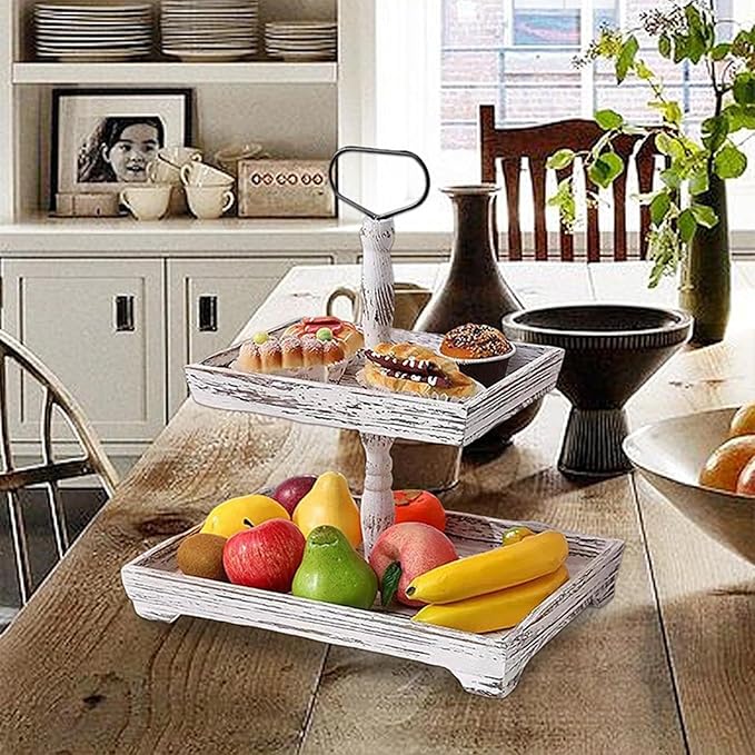 Farmhouse 2 Tiered Tray Stand for Home Decor, Wooden Serving Tiered Tray for Coffee Bar Table Centerpiece, Decorative Trays Kit for Countryside, Round Rustic Stand for Cake Cupcake (Washing White)