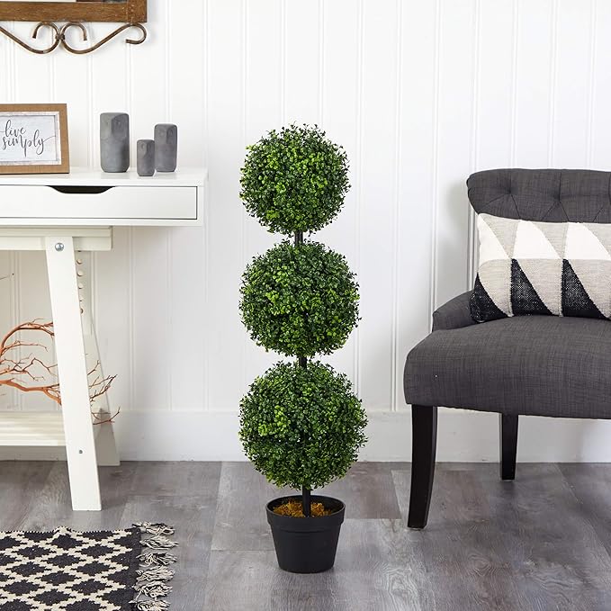 Nearly Natural 36in Artificial Triple Ball Boxwood Topiary Tree - Indoor Outdoor Realistic Faux Greenery for Home Patio Office Decor, Low Maintenance