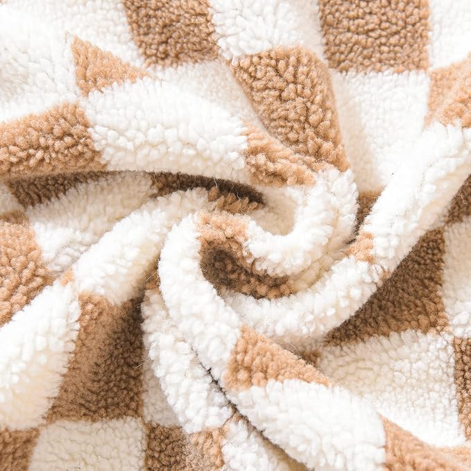 WACOMECO Decorative Throw Pillow Covers - Soft Sherpa Checkerboard Cushion Covers Faux Fur Pillow Cases for Sofa Bedroom Livingroom Car, 16 x 16 in, Khaki and Off White