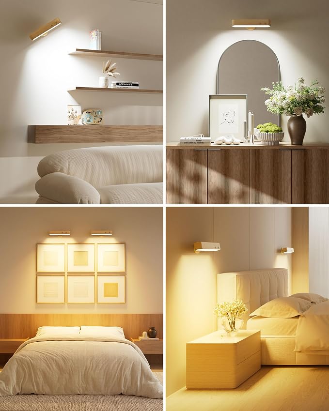 PopoIron Rechargeable LED Wall Sconces Set of Two,Wall Lights for Bedroom with Remote Control and Touch,360Β° Magnetic Rotation,3 Colors Dimmable Brightness Wood Wall Lamps with 15 RGB Colors,2 Pack