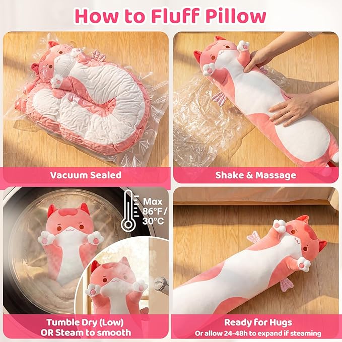 Mewaii Long Cat Plush 5 Sizes, 120% Extra Filling Giant Plushness Kids Body Pillow, Kawaii Cute Pink Cat Stuffed Animals Plushies, Big Long Body Pillow Cat Plush Gift for Girls 36”