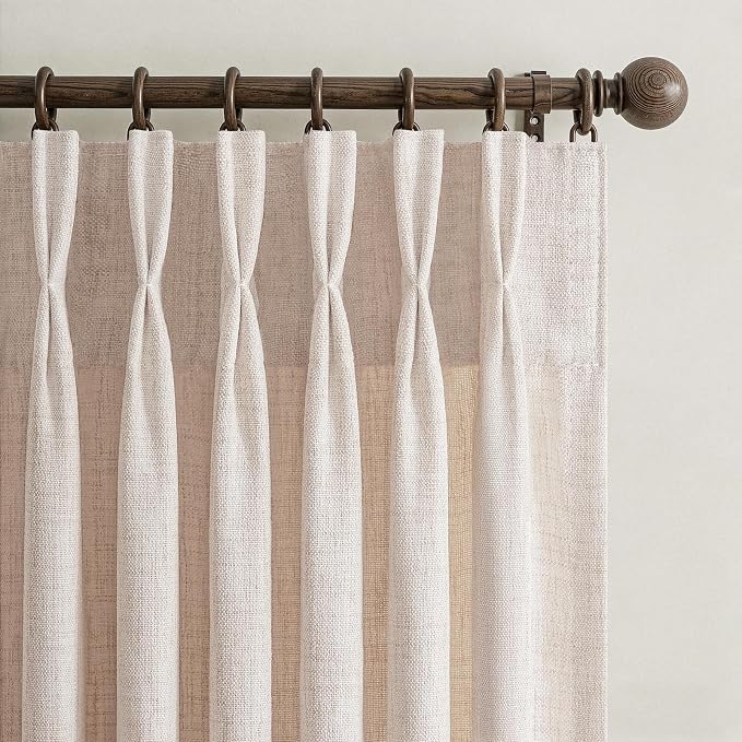 Thick Natural Linen Pleated Semi Sheer Curtains 96 Inches Long for Living Room 2 Panels Set, Memory Trained Pinch Pleat Country Viral Curtain Privacy Light Filtering 8FT Length Bedroom Windows Drapes