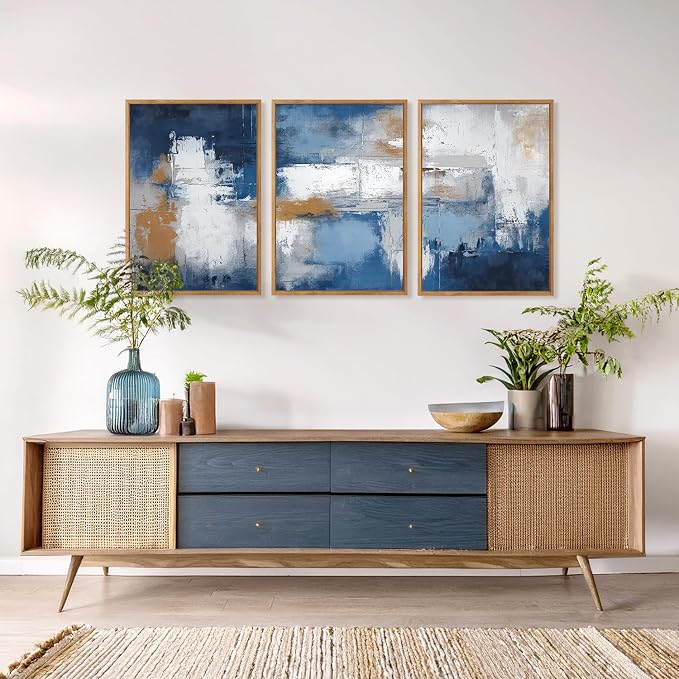 HOURIA 3Pcs Large Abstract Navy Blue Framed Canvas Wall Art Set(16"x24"),Minimalist Modern Blue Grey White Wall Decor,Neutral Blue Toned Color Block Shapse Art Print for Living Room Bedroom Office