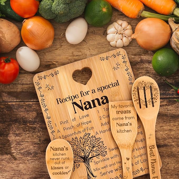 Gifts for Nana - "Recipe for a Special Nana" Nana Birthday Gifts Cutting Board Set, Bamboo-Made Engraved Utensil Set Nana Birthday Gifts, Grammy/Nanny/Granny/Gran Presents, Mothers Day Gifts for Nana