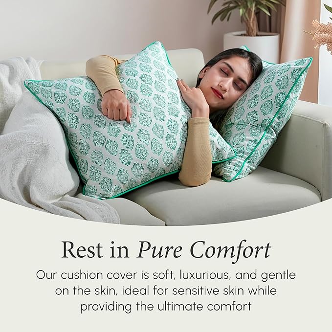 CPC 100% Cotton Throw Pillow Covers 20x20 Inch, Set of 2 Green Block Print Pattern Couch Pillow, Cute Boho Decorative Pillows for Living Room, Bedroom with Hidden Zipper- Sea Green