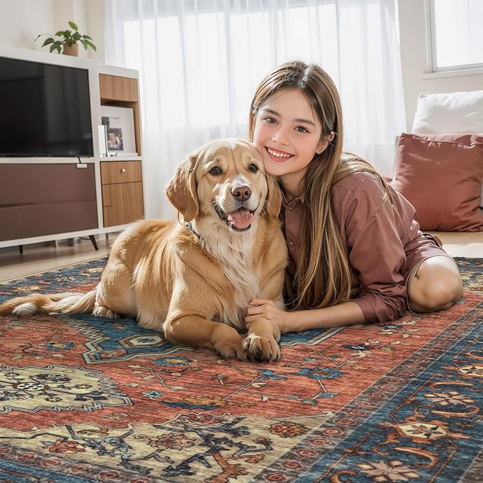 Tangsoo 3x5 Washable Rugs Oriental Area Rug, Vintage Non Slip Indoor Accent Rug, Print Distressed Terracotta Carpet, Soft Low Pile Rug for Living Room Dining Bedroom Bedside Entryway