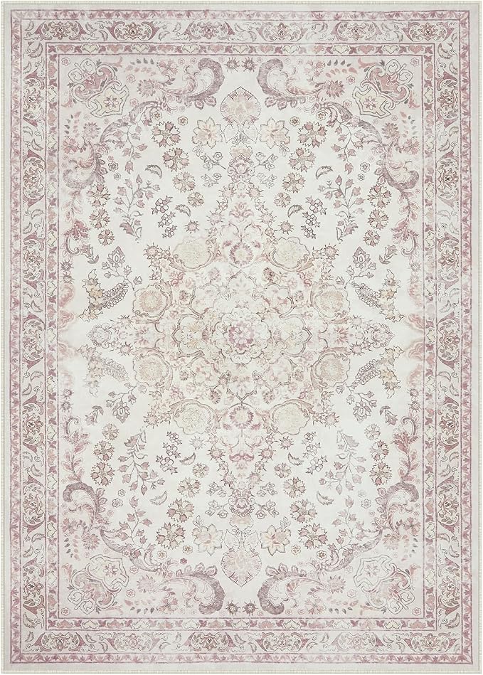 Wonnitar Vintage Floral Rugs for Bedroom Girls, 5x7 Washable Pink Nursery Rug for Baby, Ultra-Thin Non Slip Soft Medallion Carpet for Aesthetic Decor Toddler Kids Room Living Room