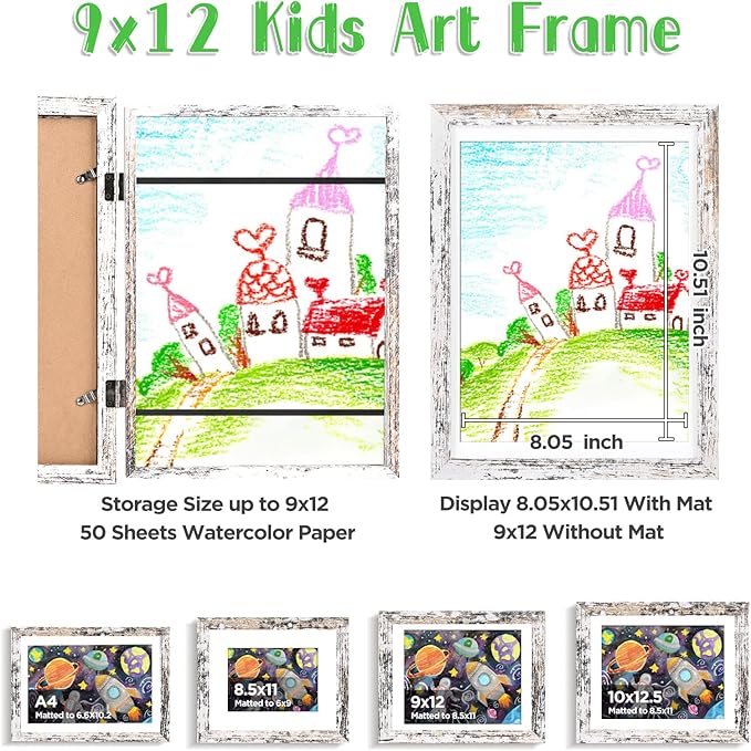 KINLINK 9x12 Kids Art Frame Set of 2, Solid Wood Kids Artwork Frames Changeable with Front Opening Hold 150 Pictures, Art Frames for Kids Art with Mat,without Mat 9x12 Picture Frame Rustic White