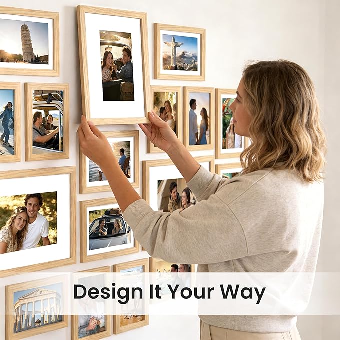 upsimples 19 Pack Picture Frames Collage Wall Decor for Mounting or Tabletop Display, Photo Gallery Frame Set for Family, Multi Sizes Including 8x10, 5x7, 4x6, Natural