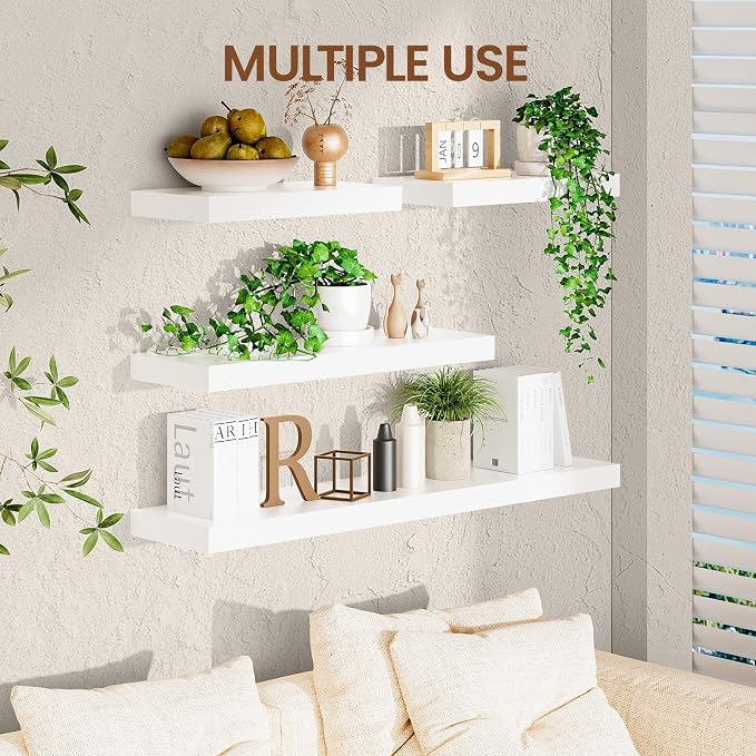 Heimlove Wooden Floating Shelves for Wall, White Pine Shelves Set of 2, 24 in Rustic Wood 8 Inch Deep Floating Shelf with Invisible Brackets for Bedroom Kitchen Living Room - Classic White