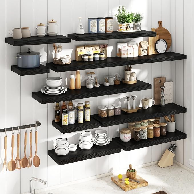 72 Inch Long Floating Shelves for Wall Set of 2, 12"D Wood Grain Bathroom Shelves with Invisible Brackets, Easy Install Engineered Wood Storage Shelves for Kitchen, Living Room, Bedroom, Black Finish
