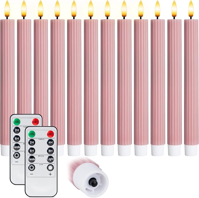 12 Pack, 10" LED Flameless Real Wax Dusty Rose Fluted Ribbed Grooved Taper Candles, Remote & 24h Timer Memory, On/Off Button, Dimmable, Flicker Mode, Battery Operated, Wedding
