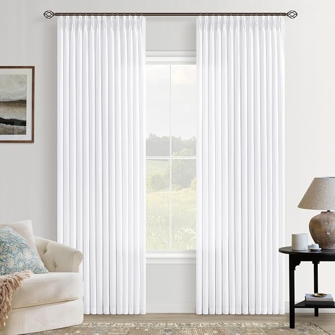 White Linen Curtains 86 Inches Long for Living Room Pinch Pleat with Hooks for Track System Back Tab Linen Textured Drape Light Filtering Semi Sheer Snow White Bedroom Window Curtain 86 Inch Length
