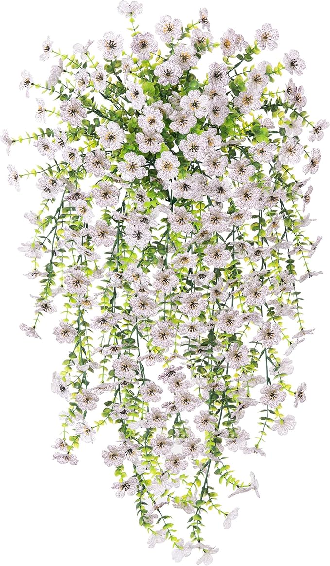 Ammyoo Artificial Hanging Flowers for Outdoors Faux Plants Decoration, 2 Packs Fake Silk Daisy Flower Realistic Outdoor Flowers UV Resistant Porch Patio Window Yard Outside Decor(White)