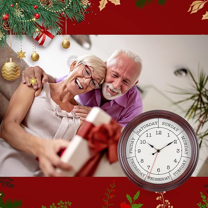Day of the Week Clock 14 Inch Retirement Wall Clock with Wood Frame for Men Women Red Brown