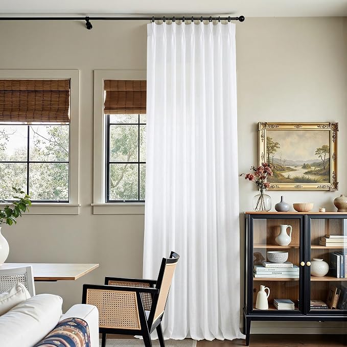 Pinch Pleat Extra Wide White Linen Curtains 84 Inches Long for Patio Sliding Glass Door 60 Inch Wide Pleated Drape Hooks Rings Semi Sheer 60x84 Curtain for Living Room Farmhouse Decor 2 Panel Back Tab
