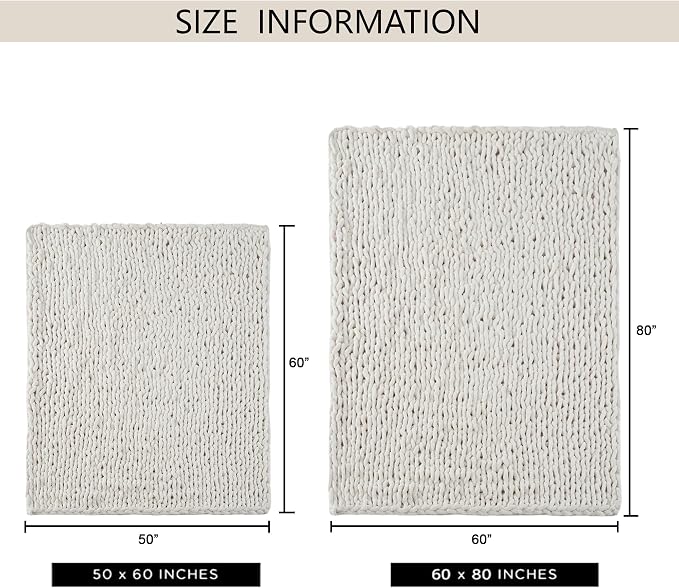 Chunky Knit Throw Blanket 50x60, 100% Handmade Chenille Yarn | 4.4lbs Soft Thick Cable Knitted Blankets, Large Rope Knot Crochet Throws for Couch Sofa Bed Machine Washable, Cream White