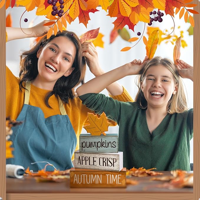 Lineshading 4 Pcs Thanksgiving Decoration for Home Wooden Maple Leaf Fall Tiered Tray Decor Thanksgiving Centerpiece Rustic Decorative Maple Leaf Block Signs Gift Farmhouse Autumn Decoration for Home