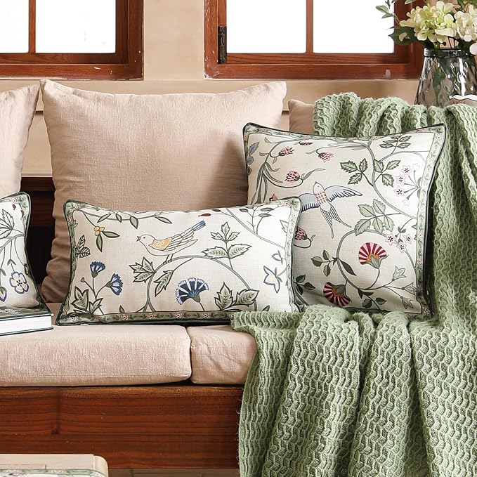 bilin gaier Designer Vintage Linen Throw Pillow Cover,20"x12"-Idaho A | Elegant Rectangular Pillow Cover,Concealed Zipper,Floral and Bird Pattern,Sofas,Bedroom,Living Room,Lounge Chairs