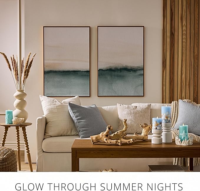 Luminara Flameless LED Candle Soft Teal Embedded Seashell & Starfish Moving Flame Pillar Unscented Real Wax with Recessed Edge, Timer (4.5-inch)
