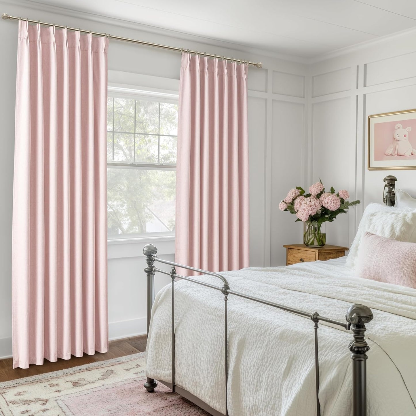 Pink Blackout Thick Linen Drapes 108 Inches Long 2 Panels Set for Bedroom, Extra Long Pinch Pleated Floor to Ceiling Boho Curtains Room Darkening Privacy Ceiling Track Burg for 108 Inch Large Windows