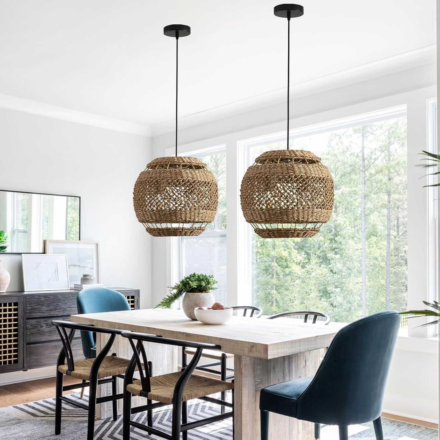 Rattan Pendant Light 13.78" Boho Wicker Seagrass Pendant Light 2-Light Hand Woven Water Plants Rattan Chandelier for Dining Living Bedroom Kitchen Farmhouse