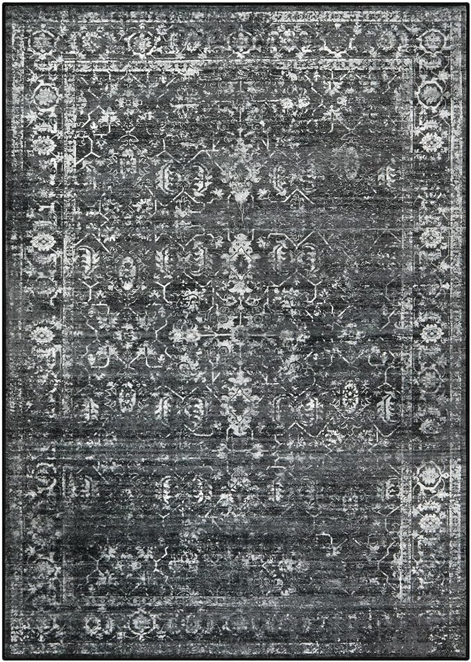 Lahome Margot Vintage 5x7 Area Rugs - Washable Non-Slip Boho Living Room Rugs for Under Table, Black Low Profile Soft Faux Wool for Bedroom, Dinning Room, Nursery, Playroom